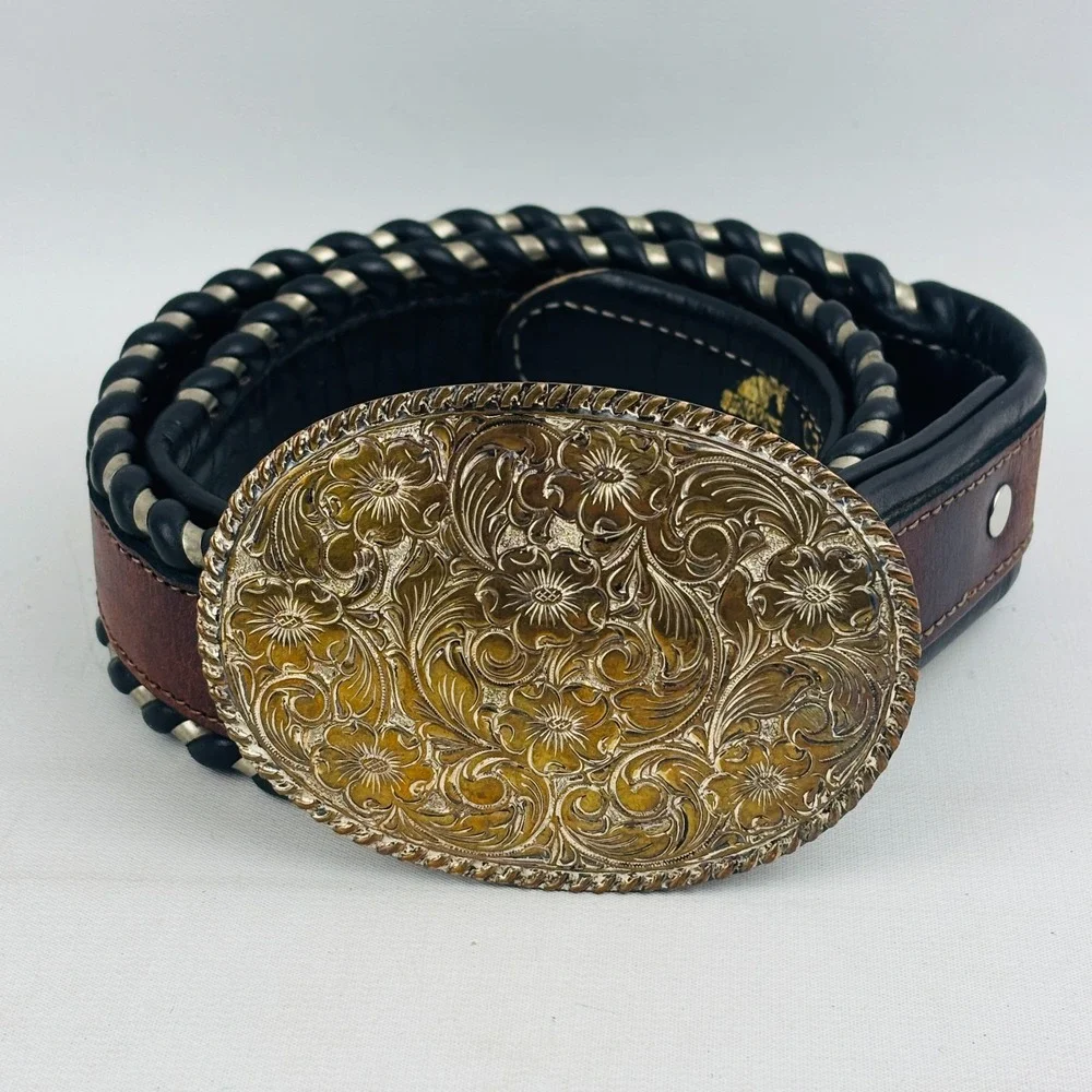 Crumrine Floral Silver Nickel Buckle Simco Saddles‎ Brown Leather Belt Waist 30